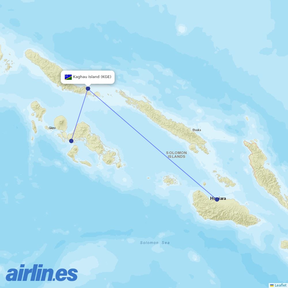 Solomon Airlines from Kaghau Island Airport destination map