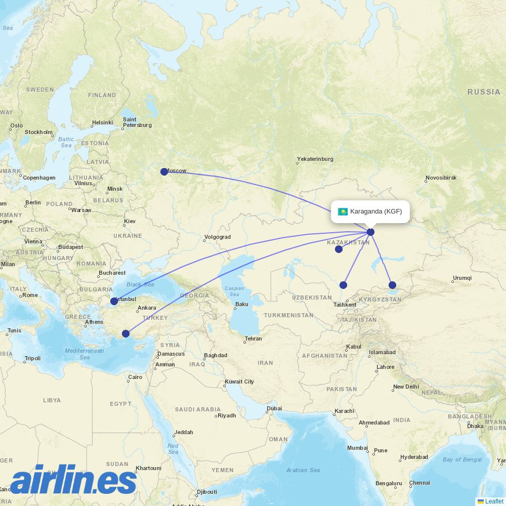 FlyArystan at KGF route map