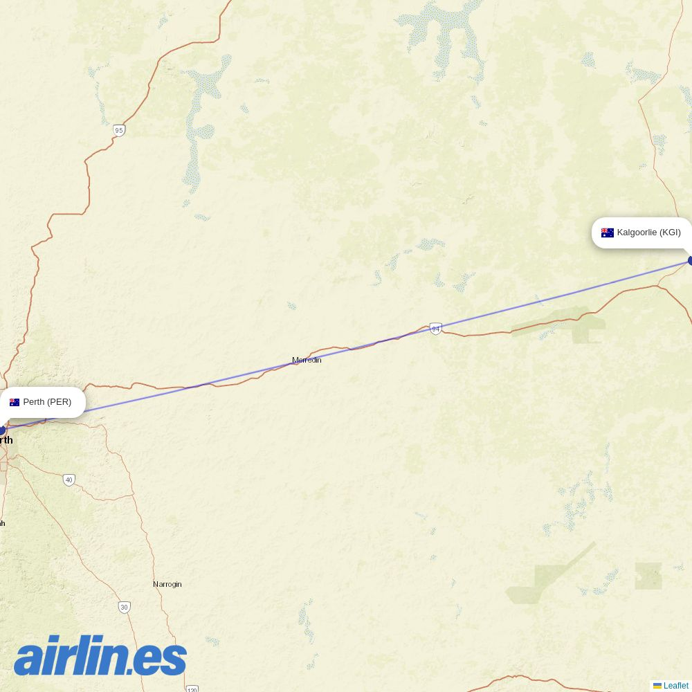 Alliance Airlines from Kalgoorlie Airport destination map