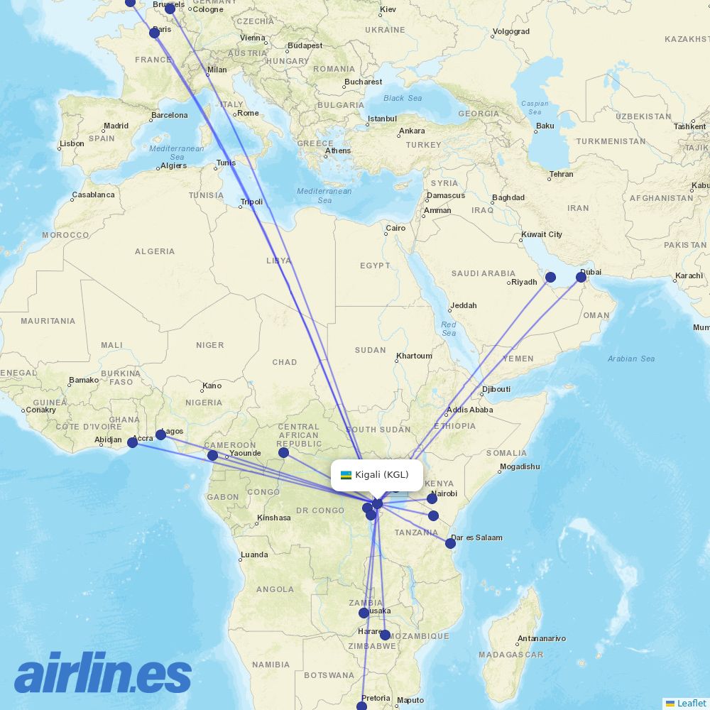 RwandAir at KGL route map
