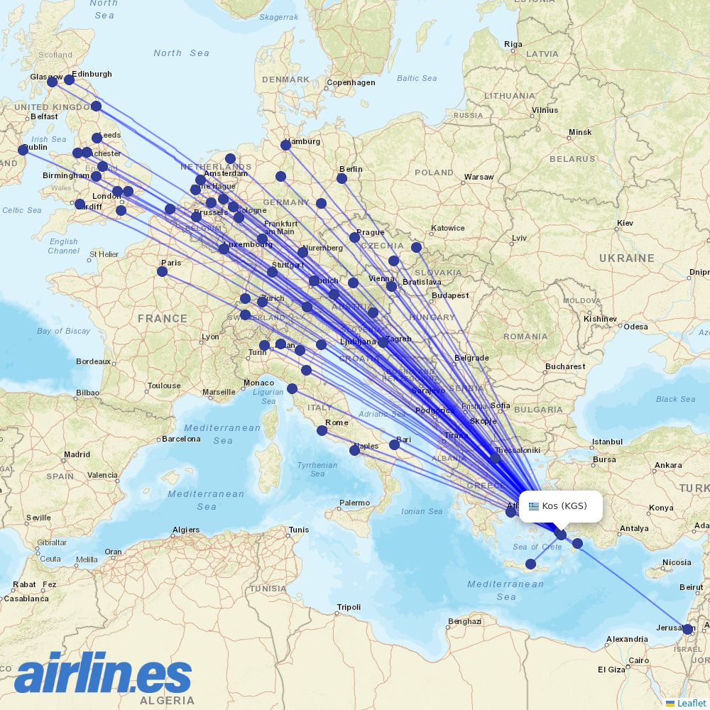 Ryanair from Kos International Airport destination map