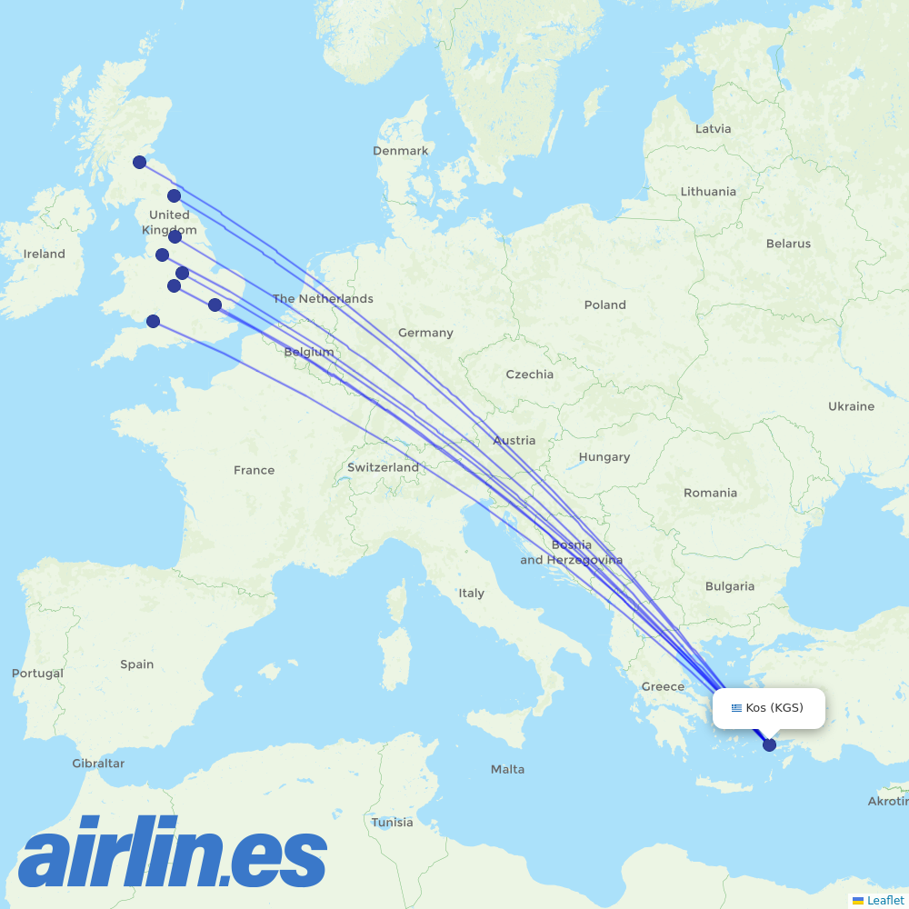 Jet2 from Kos International Airport destination map