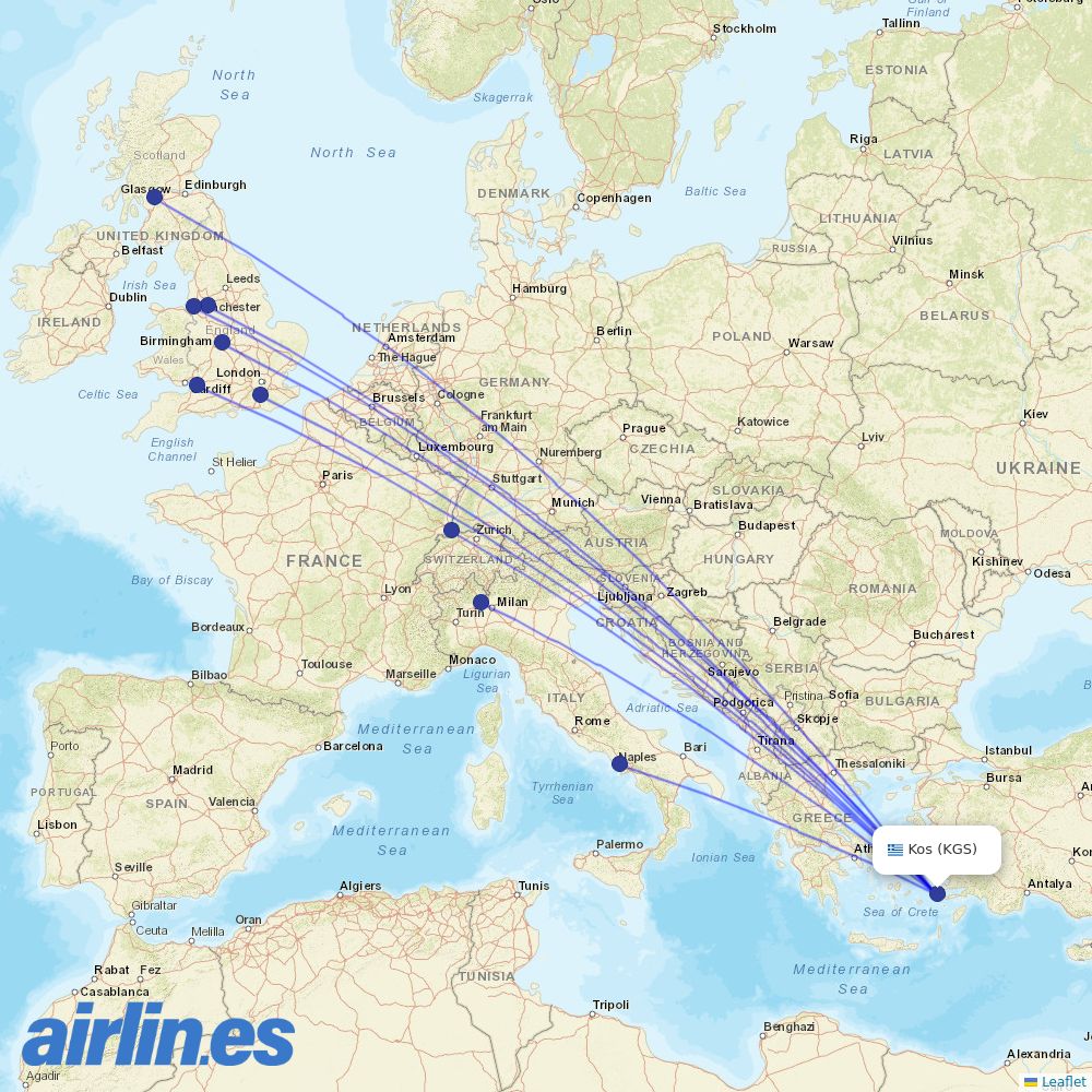 easyJet from Kos International Airport destination map