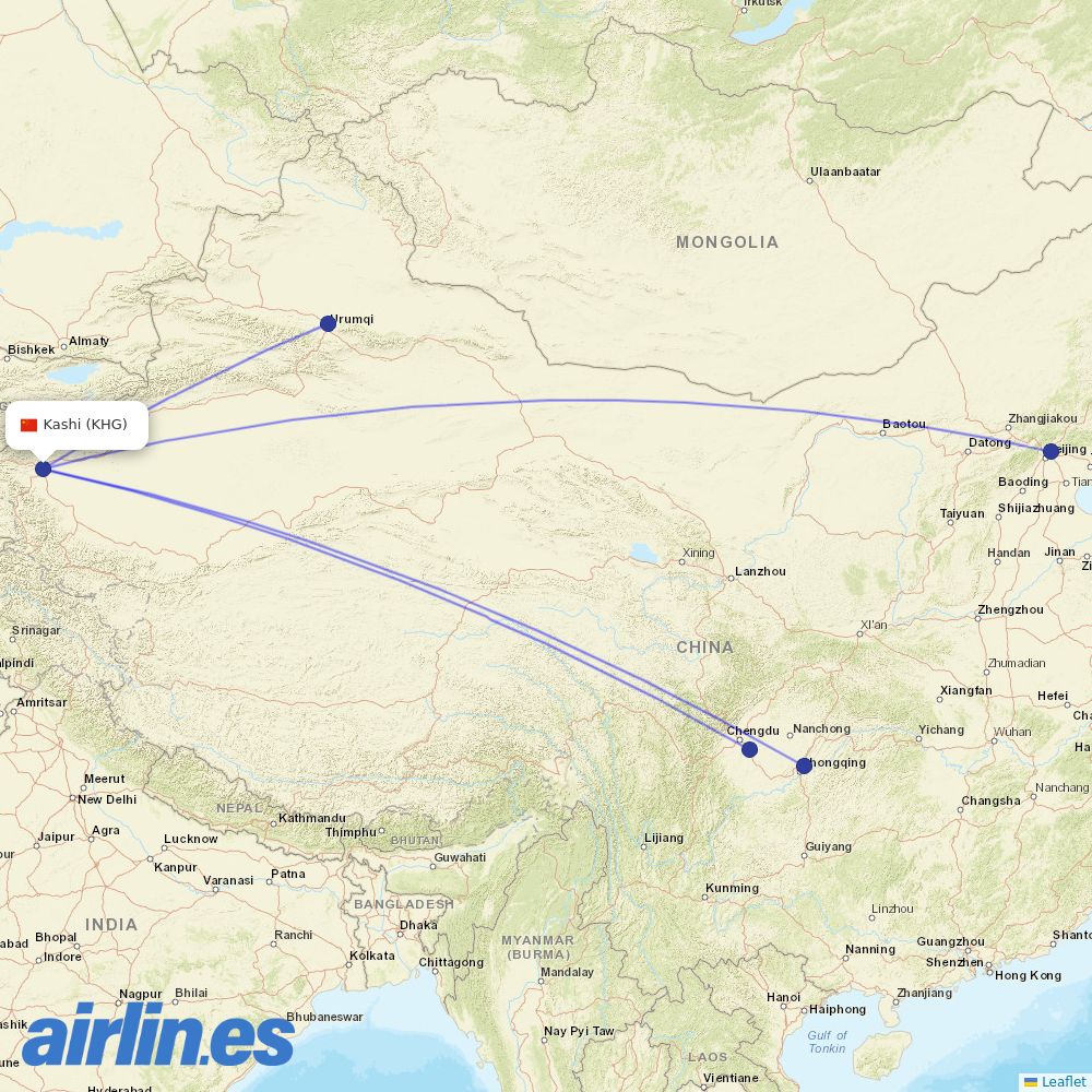 Air China from Kashi destination map