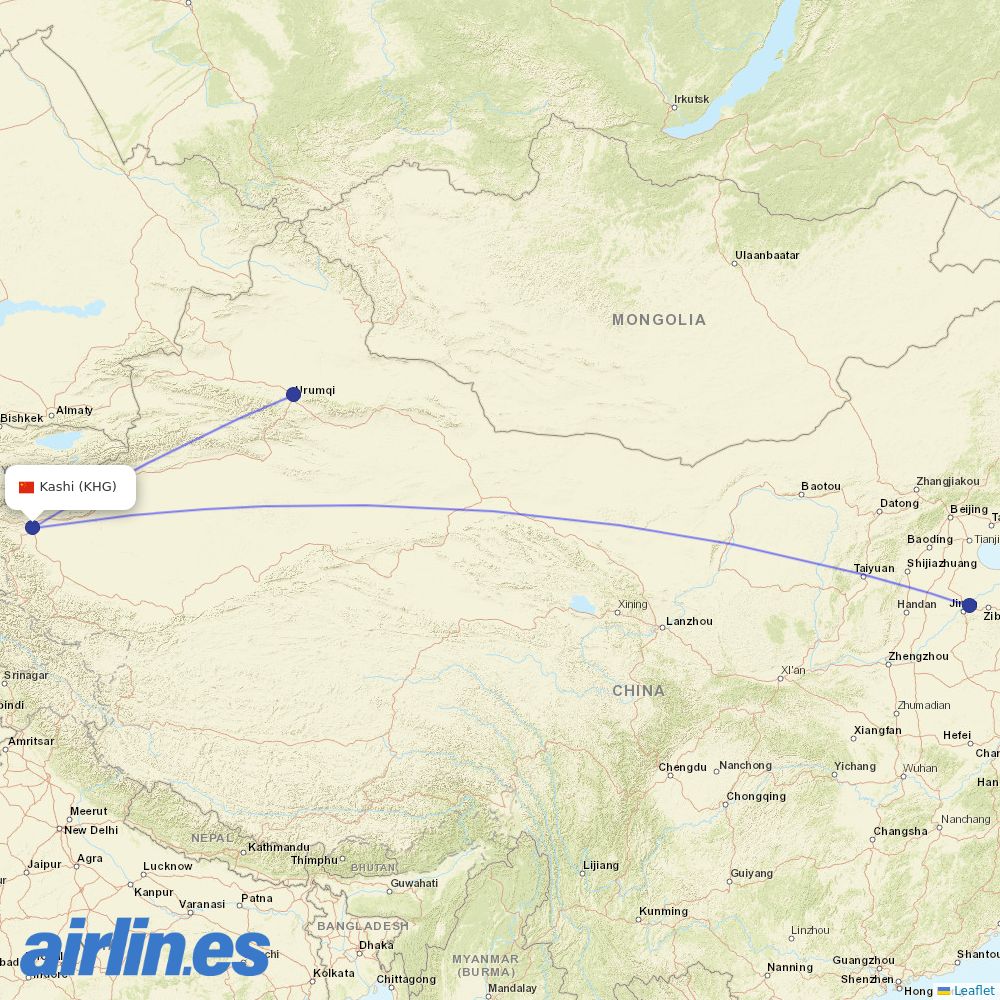 Shandong Airlines from Kashi destination map