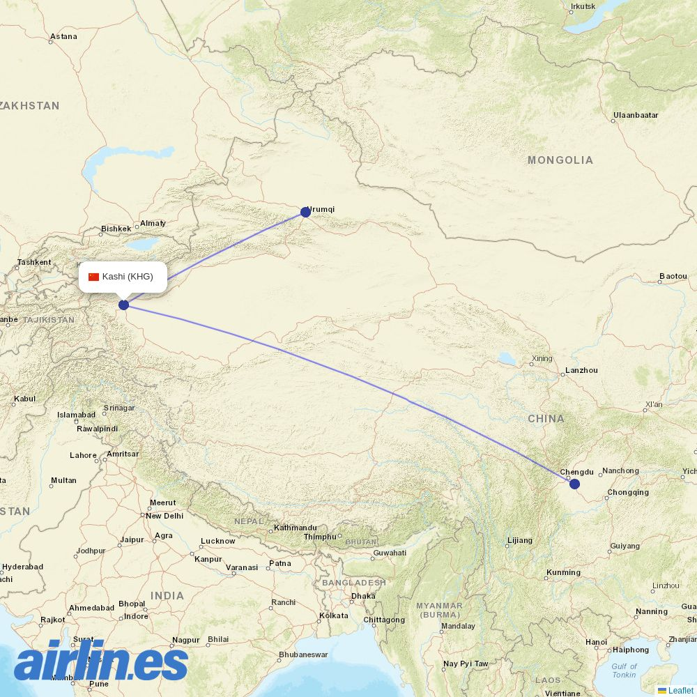 Urumqi Airlines at KHG route map
