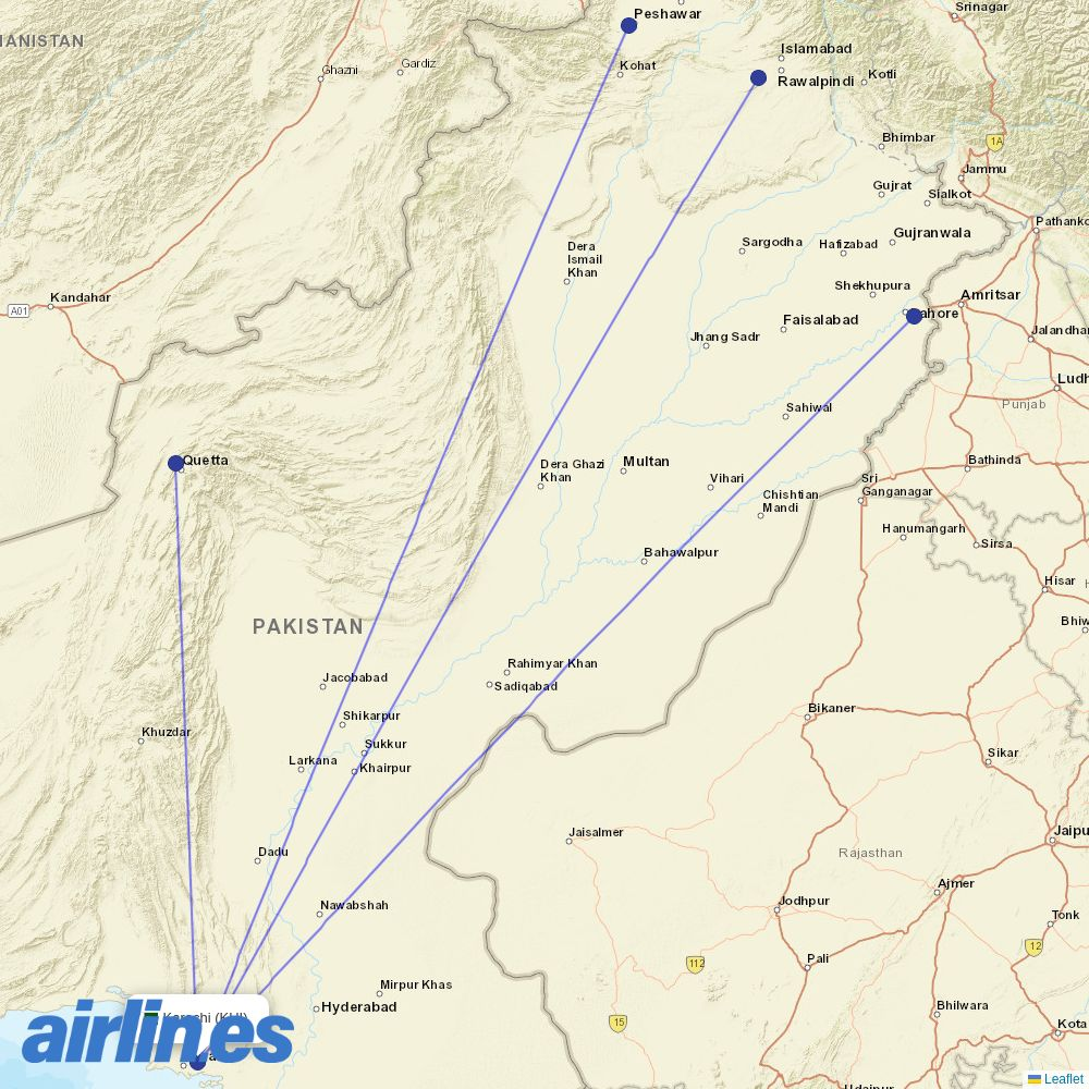 Fly Jinnah from Jinnah International destination map