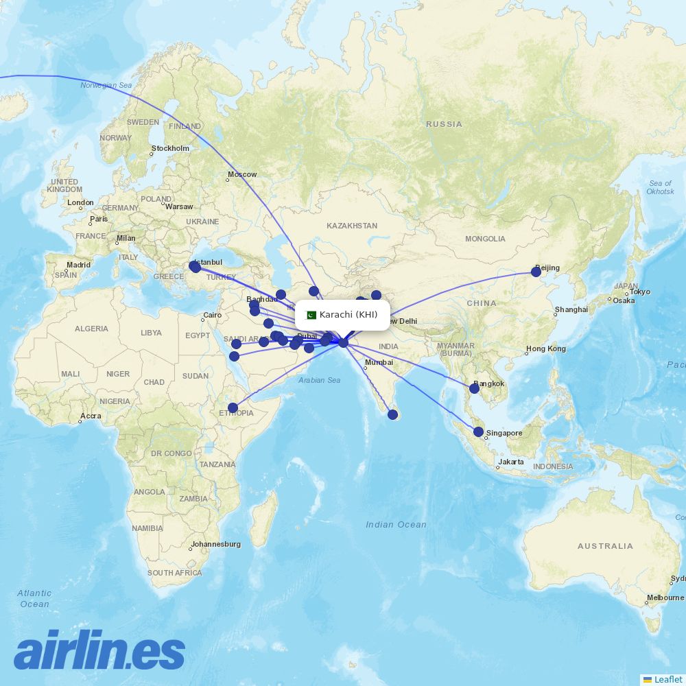 Etihad Airways from Jinnah International destination map