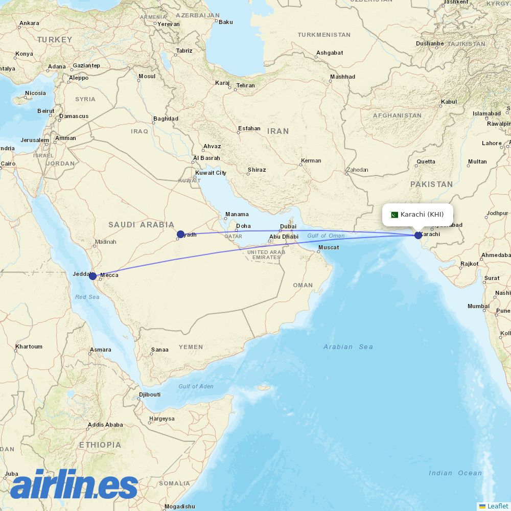 Saudia from Jinnah International destination map
