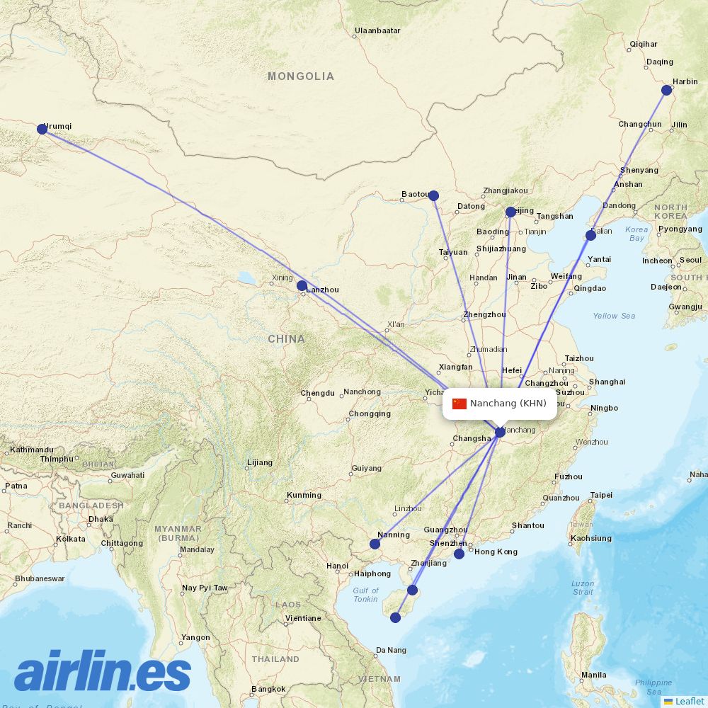 Hainan Airlines from Nanchang Airport destination map