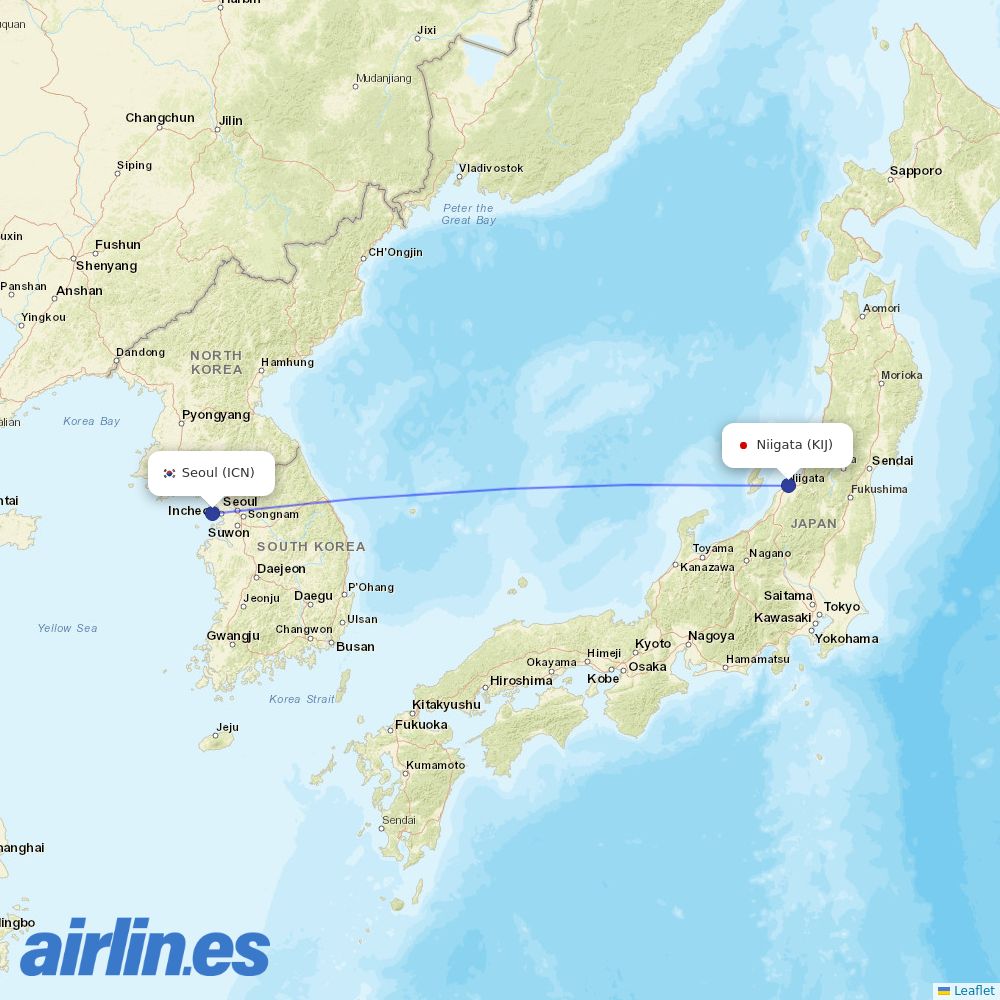 Korean Air from Niigata Airport destination map