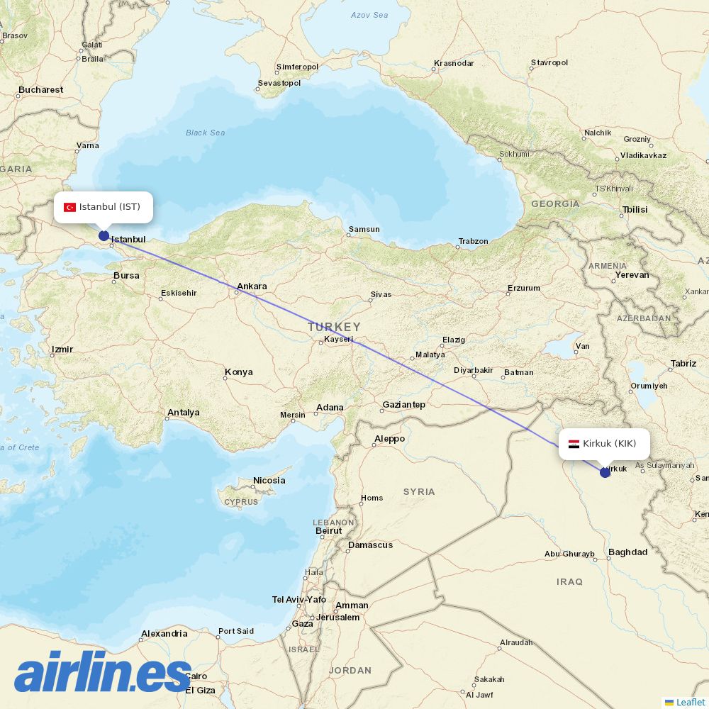 Turkish Airlines from Kirkuk AB destination map