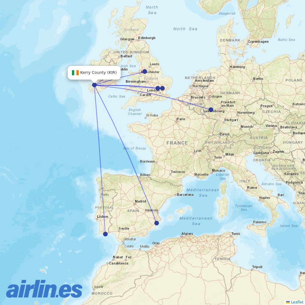 Ryanair from Kerry County Airport destination map