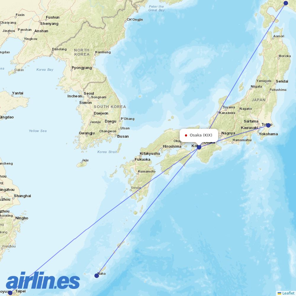 Jetstar Japan from Kansai International Airport destination map