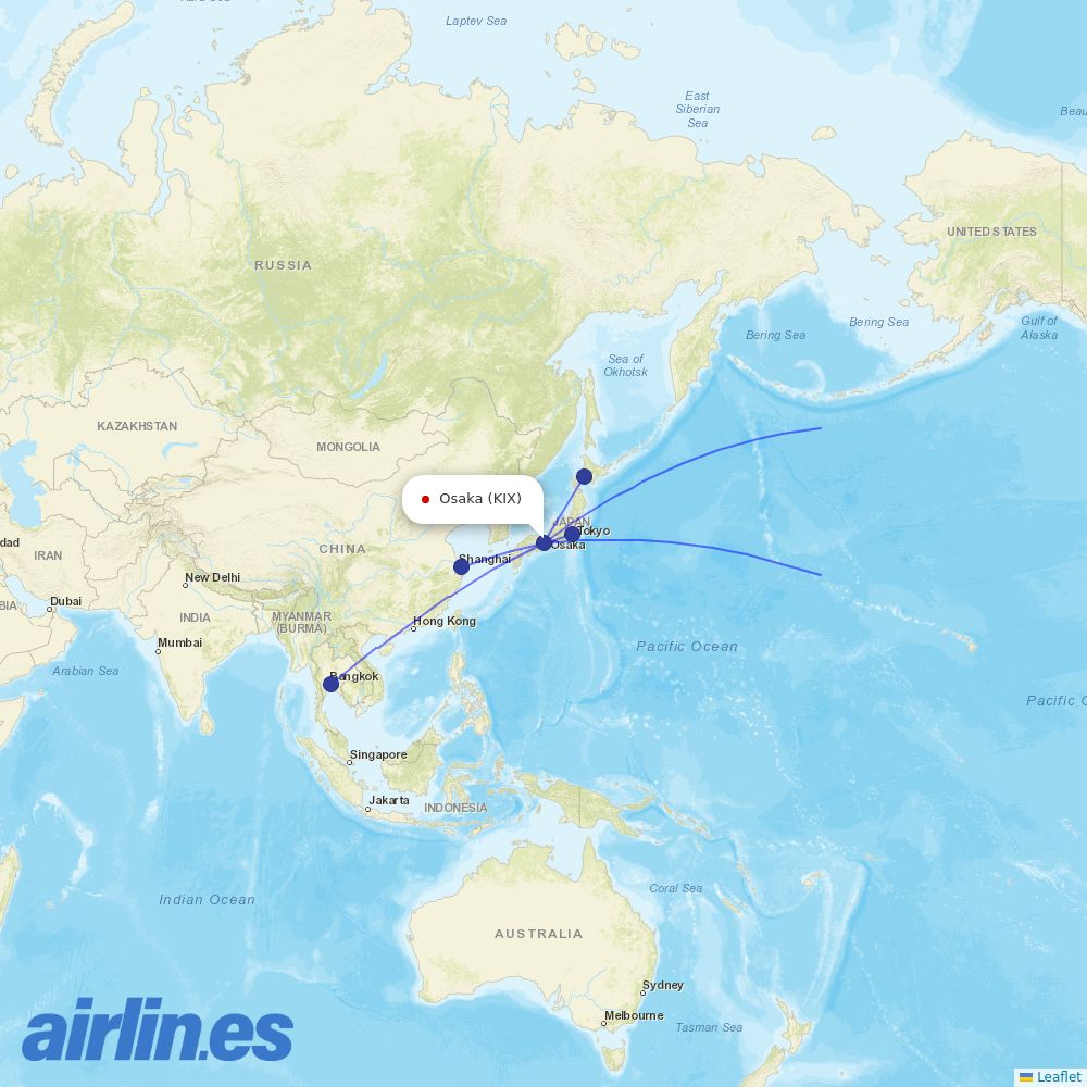 JAL from Kansai International Airport destination map