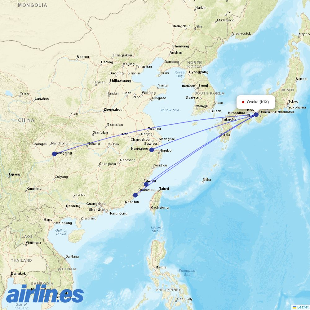 Xiamen Airlines from Kansai International Airport destination map