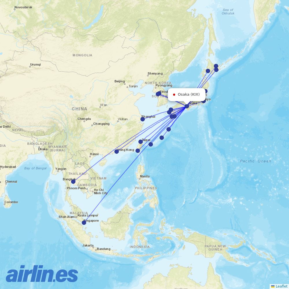 Peach Aviation from Kansai International Airport destination map