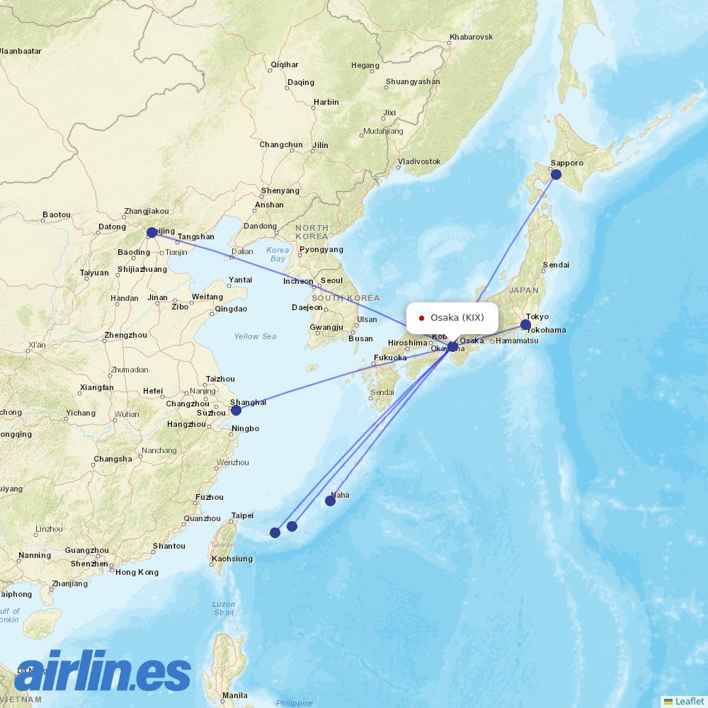 ANA from Kansai International Airport destination map