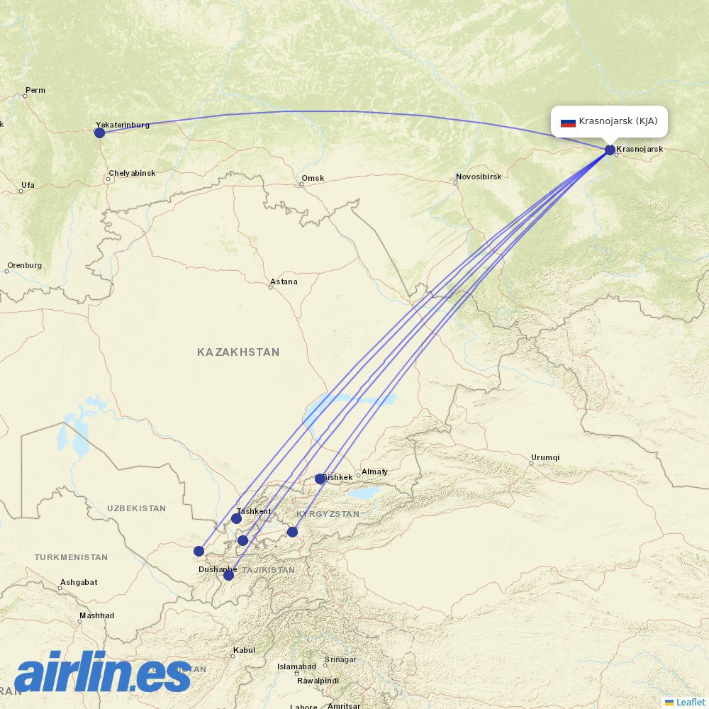Ural Airlines from Krasnoyarsk International Airport destination map