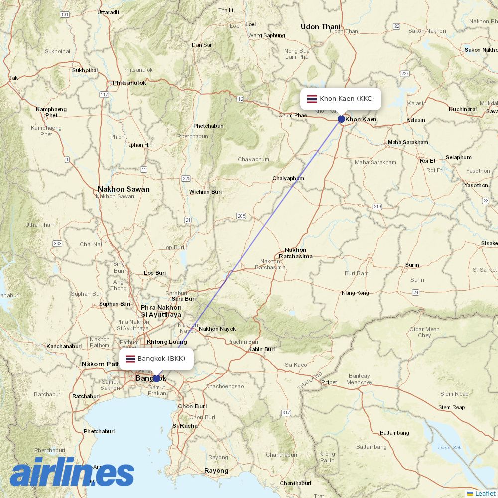 Thai Vietjet Air from Khon Kaen destination map