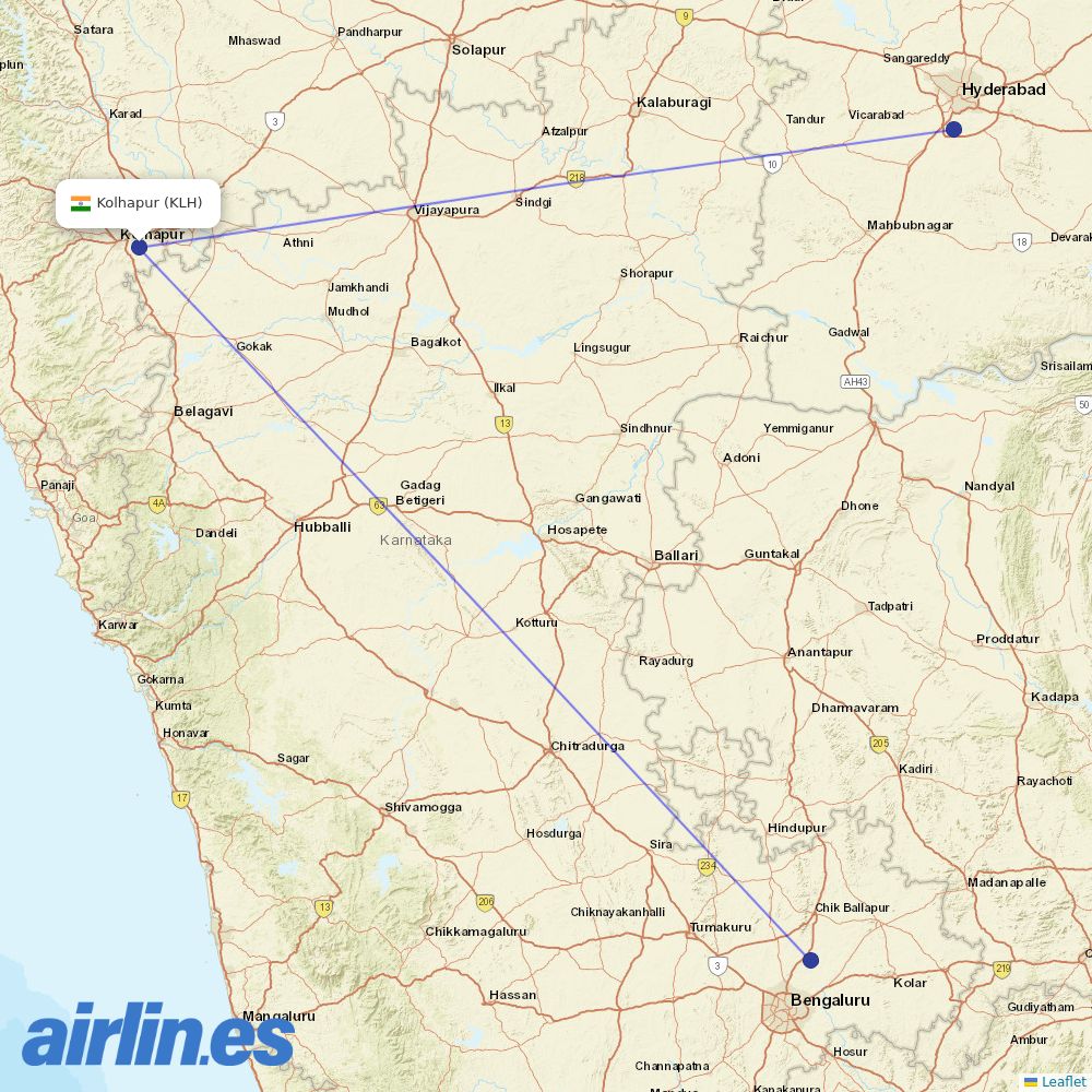IndiGo from Kolhapur destination map