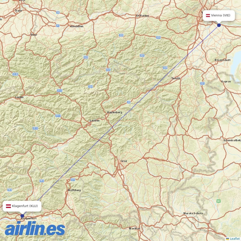 Austrian Airlines from Klagenfurt(Aus-Afb) destination map