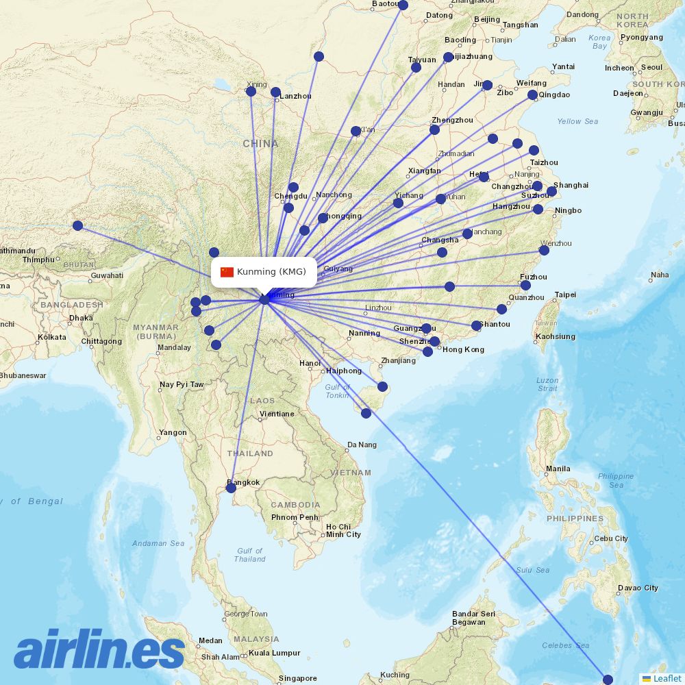 Lucky Air from Kunming Changshui International Airport destination map
