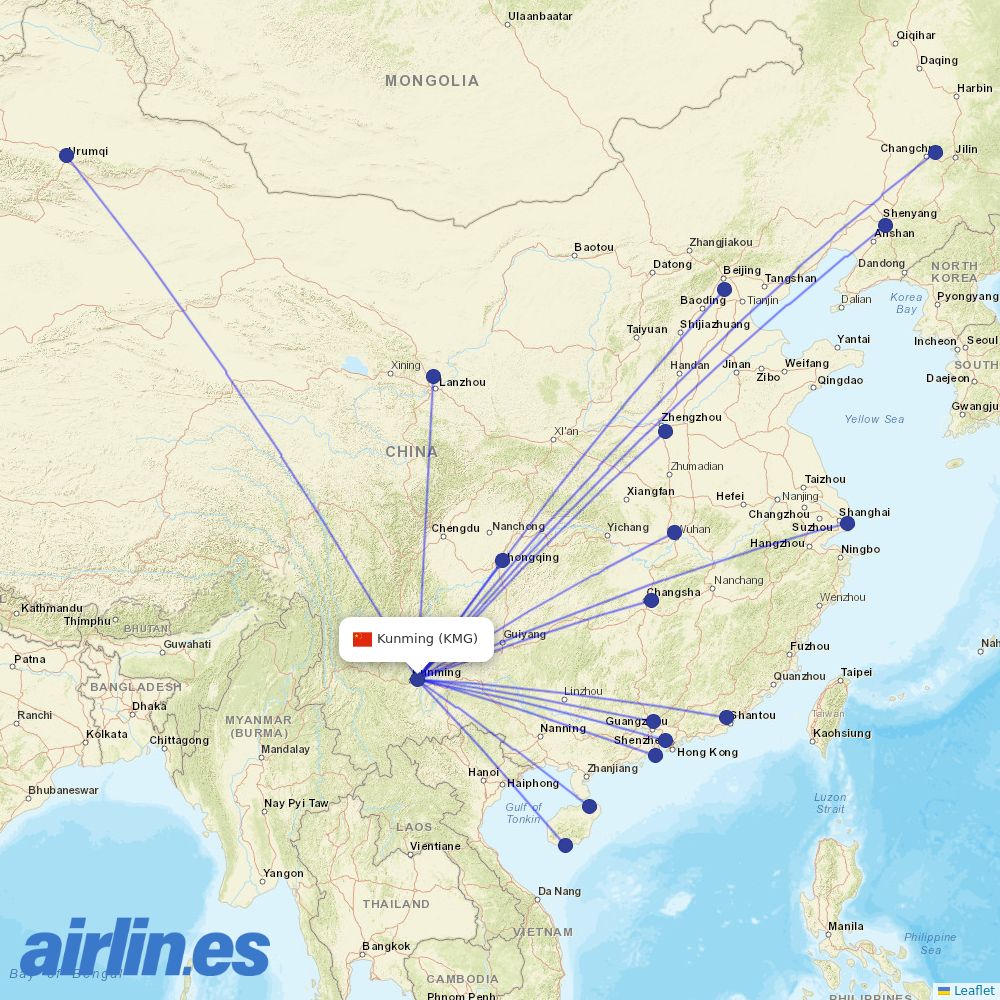China Southern Airlines from Kunming Changshui International Airport destination map