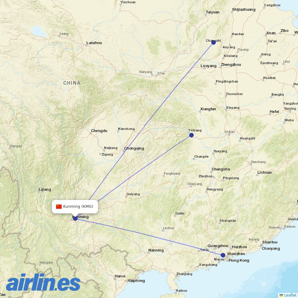 Donghai Airlines from Kunming Changshui International Airport destination map