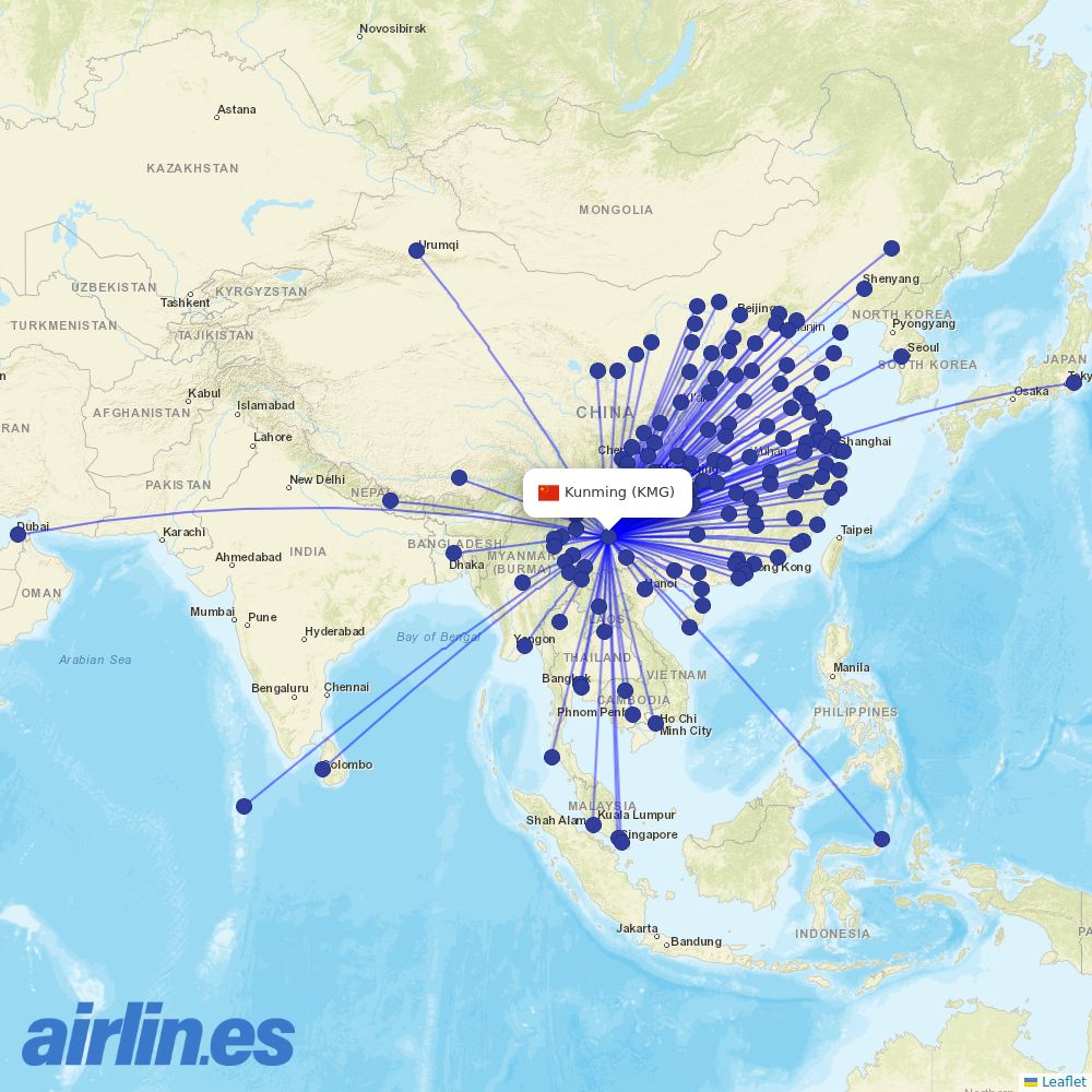 Kunming Airlines from Kunming Changshui International Airport destination map