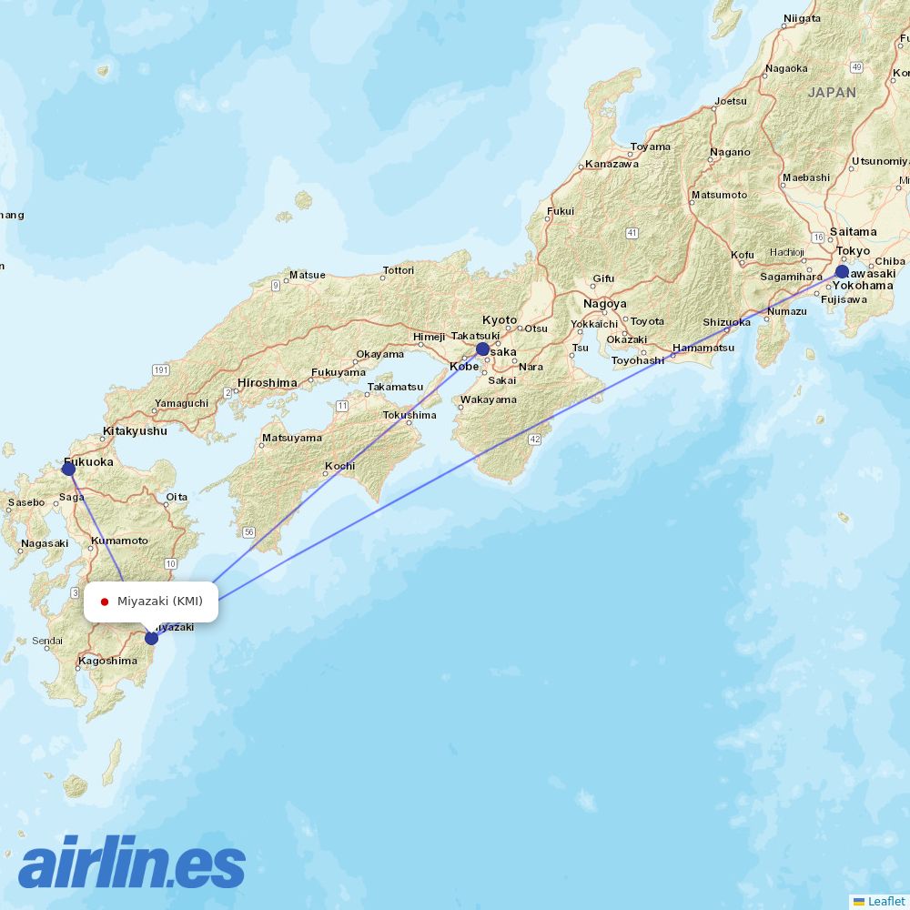 JAL from Miyazaki Airport destination map