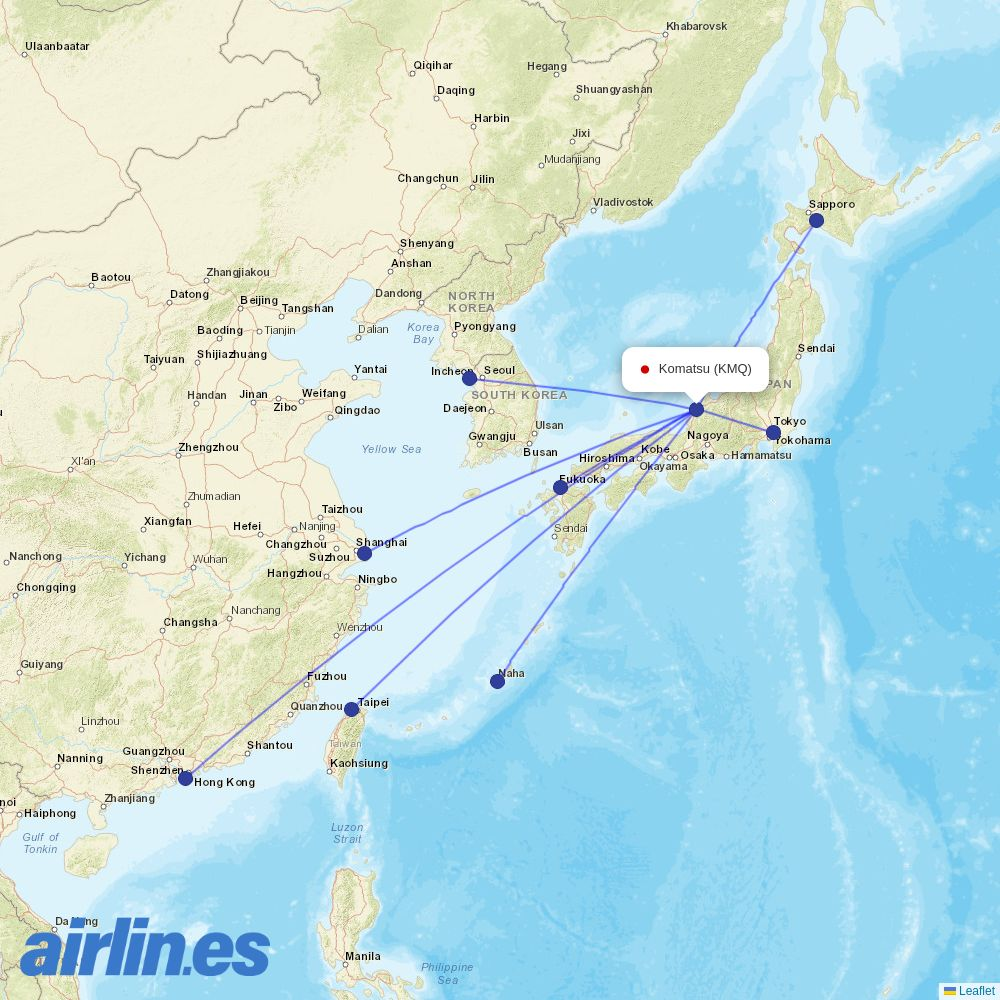 Tigerair Taiwan from Komatsu Airport destination map
