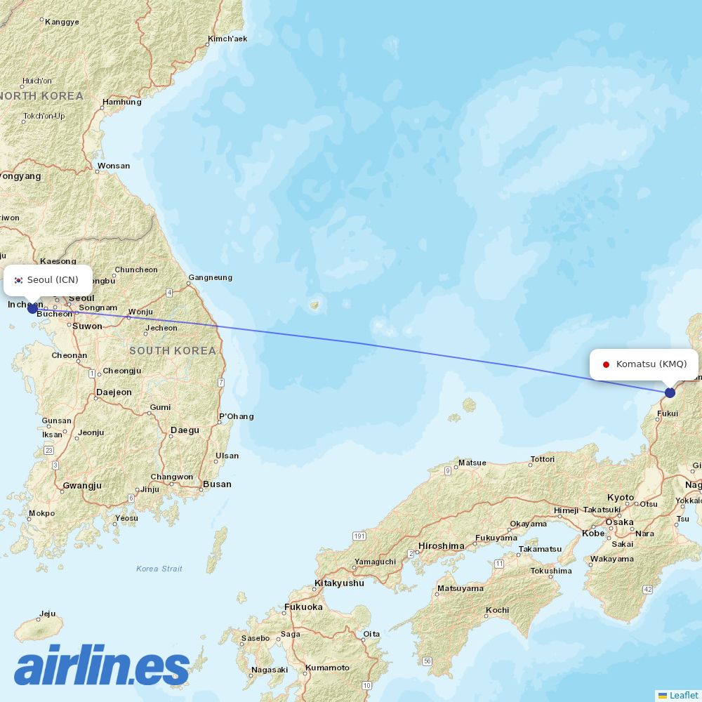Korean Air from Komatsu Airport destination map