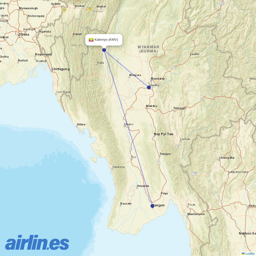 Myanmar Airways International from Kalay Airport destination map