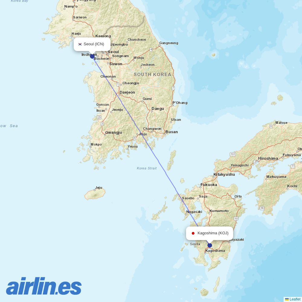 Jeju Air from Kagoshima Airport destination map