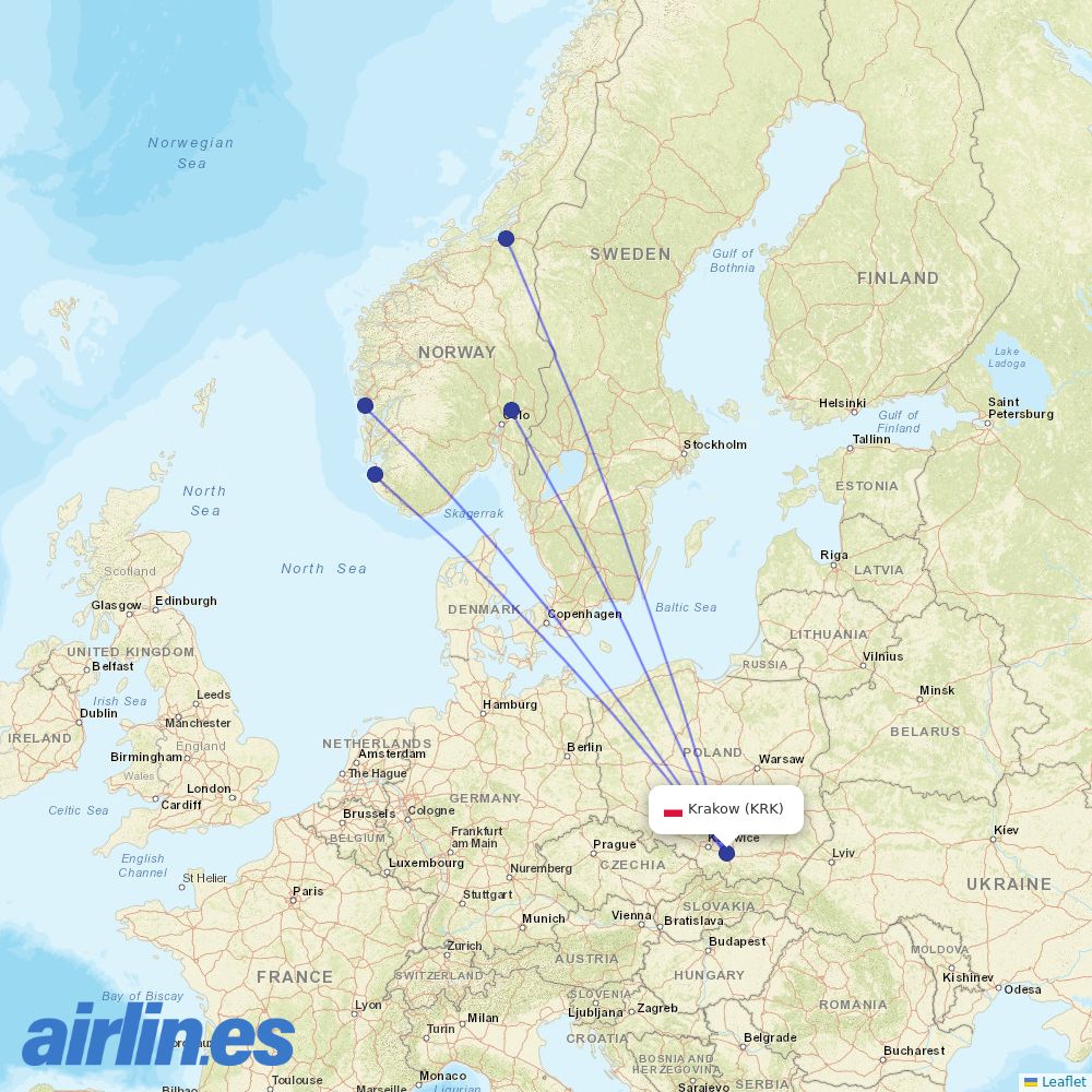 Norwegian Air Shuttle from Kraków John Paul II International Airport destination map