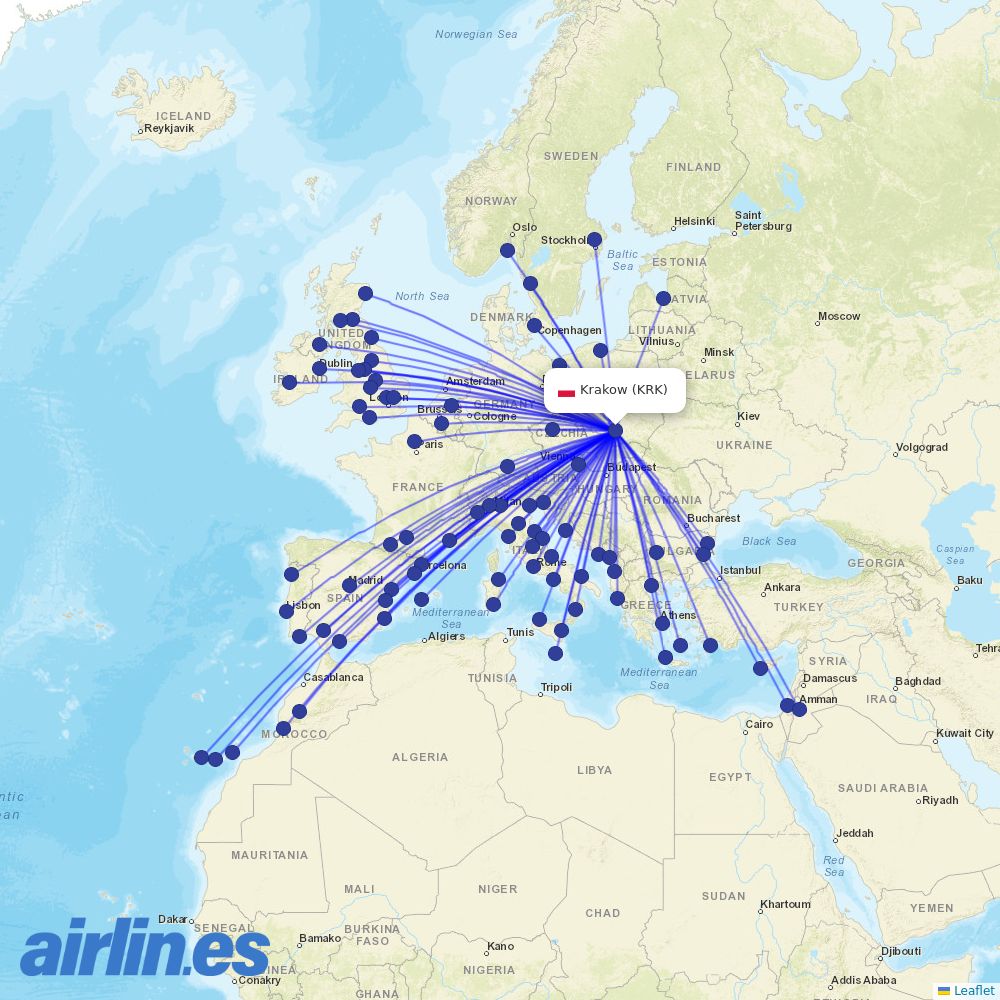 Ryanair at KRK route map