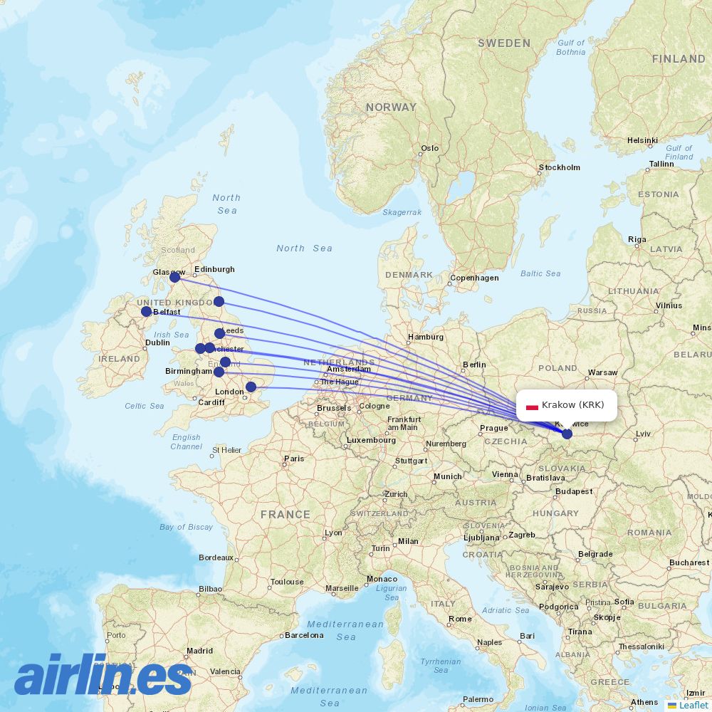 Jet2 from Kraków John Paul II International Airport destination map