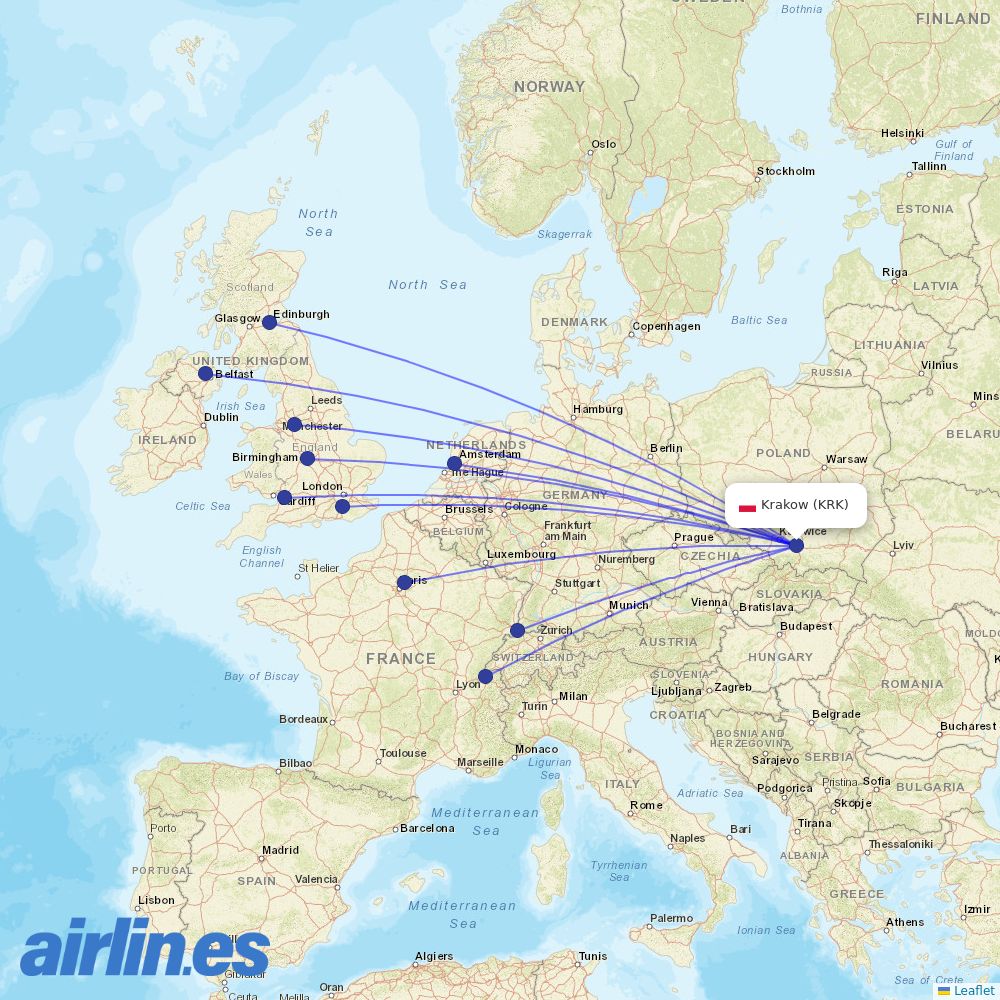 easyJet from Kraków John Paul II International Airport destination map