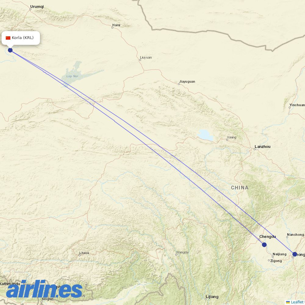 Sichuan Airlines from Korla Airport destination map