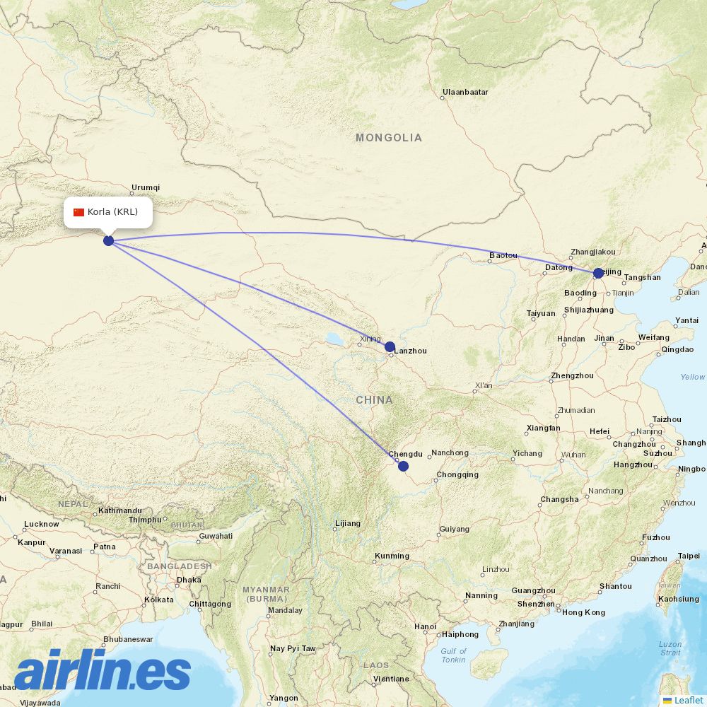 Air China from Korla Airport destination map