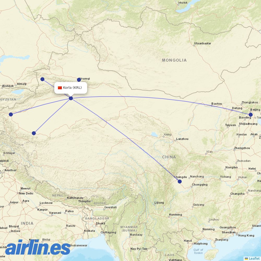 China Southern Airlines from Korla Airport destination map