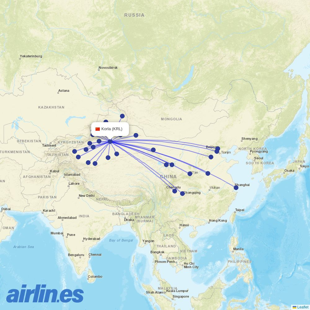 China Eastern Airlines from Korla Airport destination map