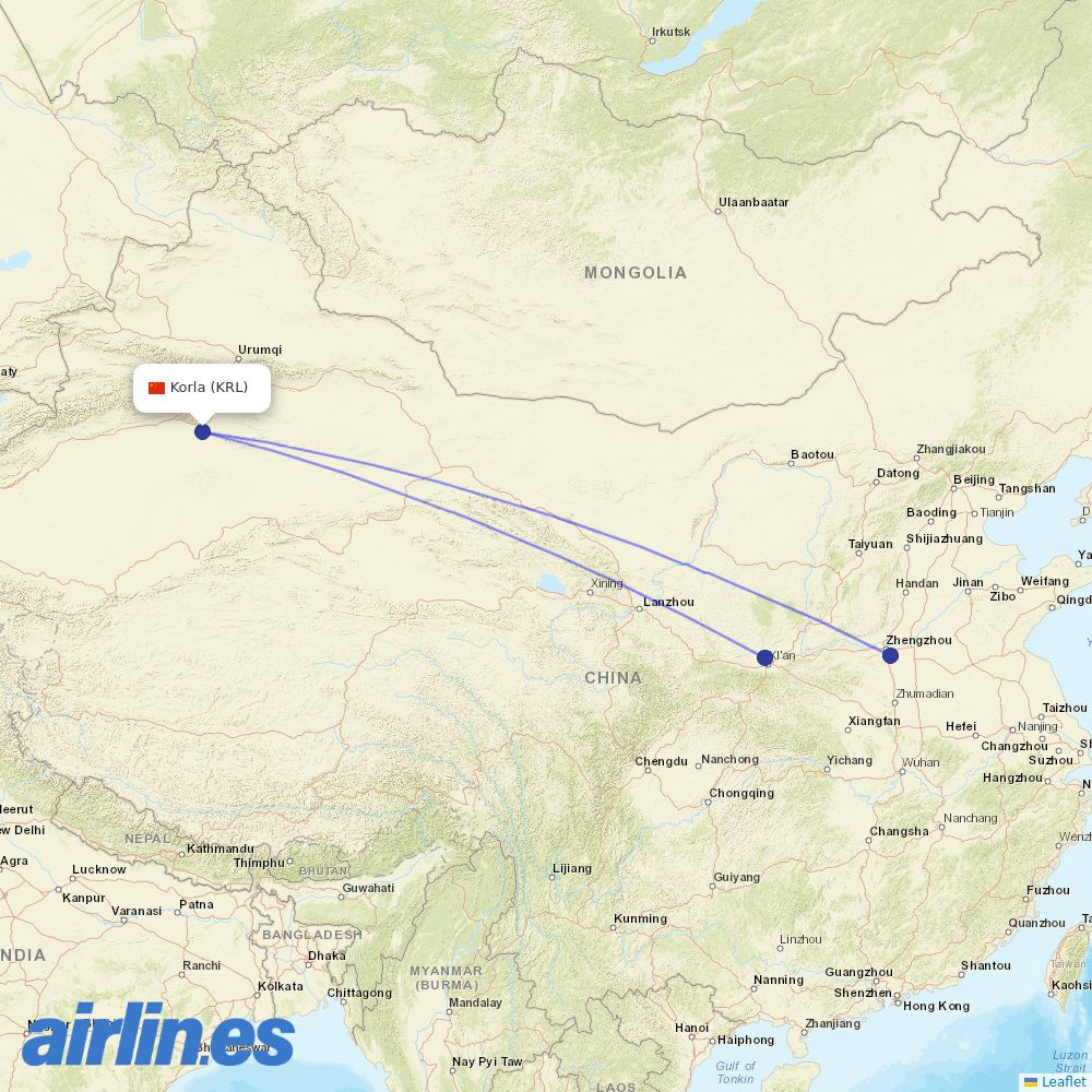 Shandong Airlines from Korla Airport destination map