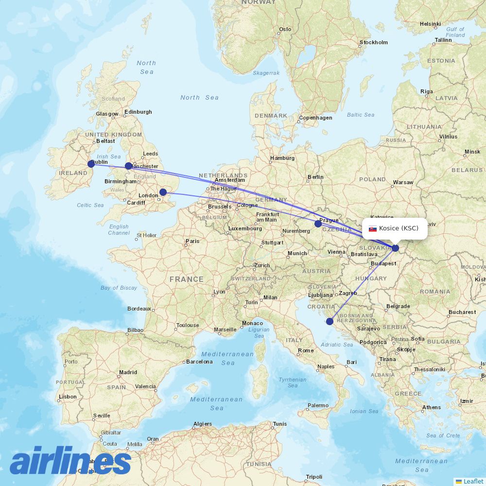 Ryanair from Kosice destination map