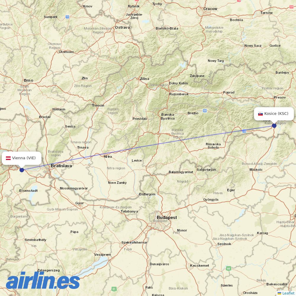 Austrian Airlines from Kosice destination map