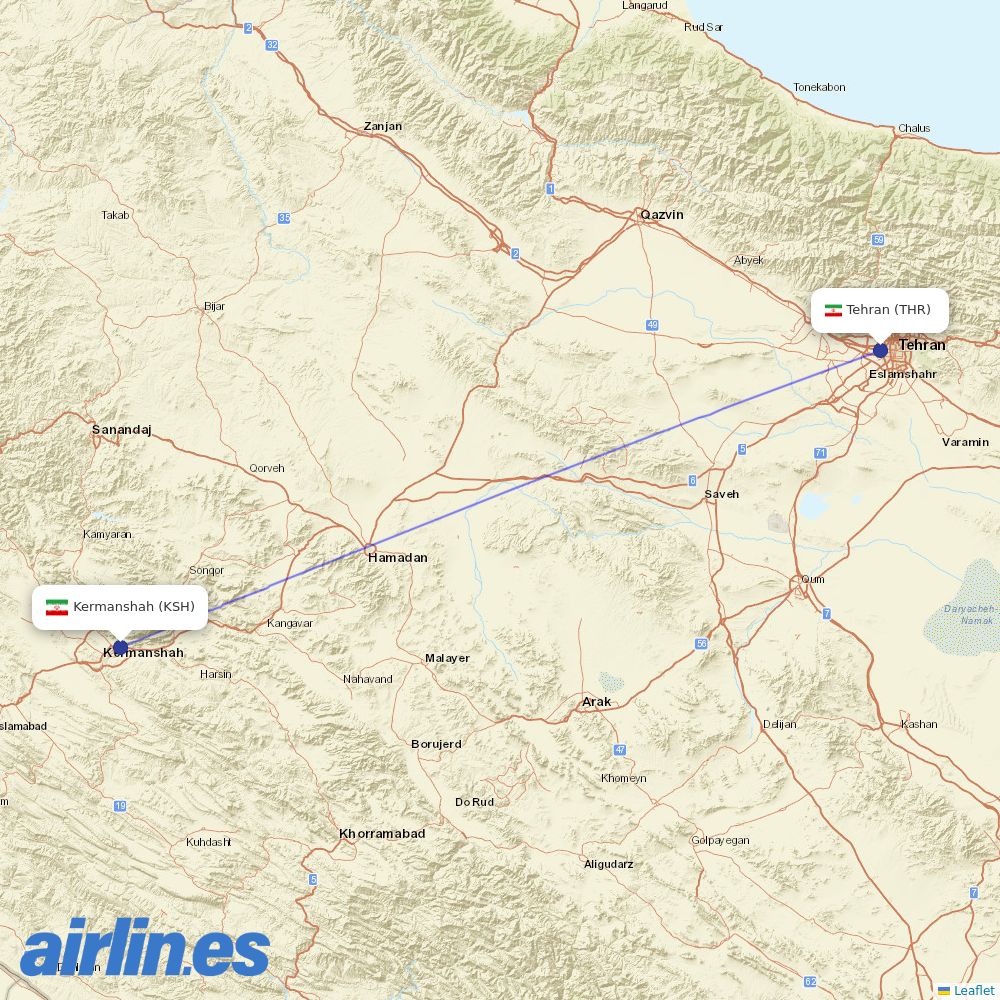 Iran Aseman Airlines at KSH route map