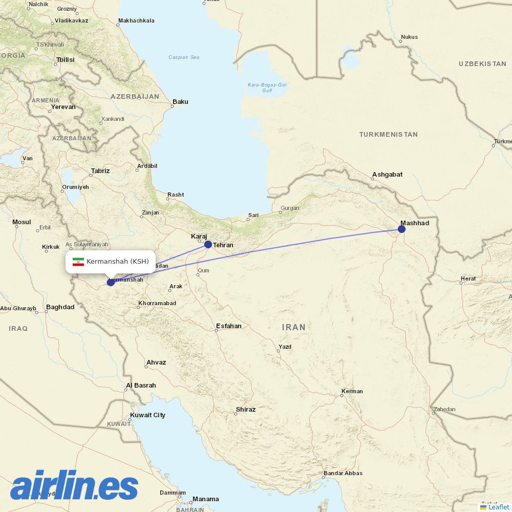 Qeshm Air from Shahid Ashrafi Esfahani destination map