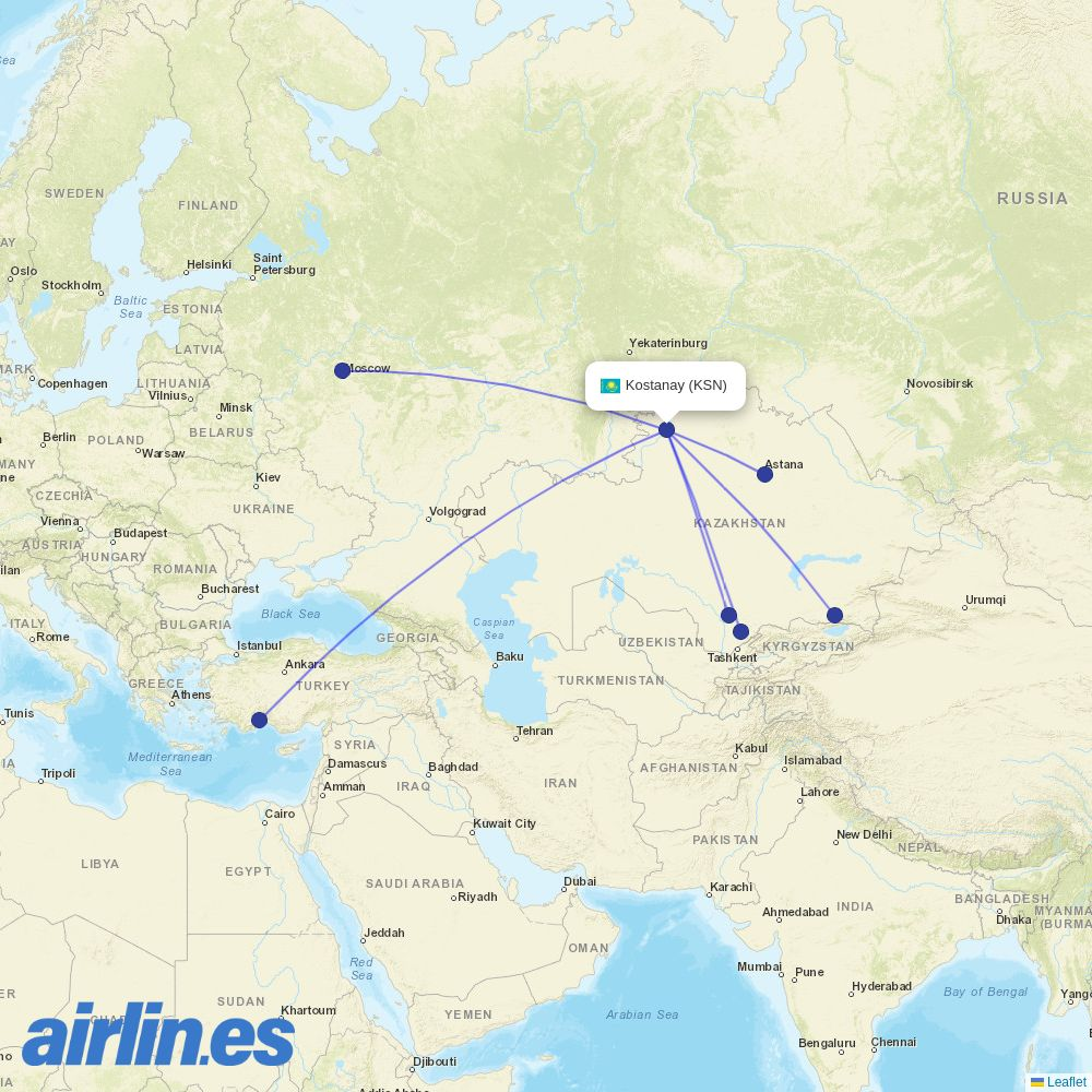 FlyArystan at KSN route map