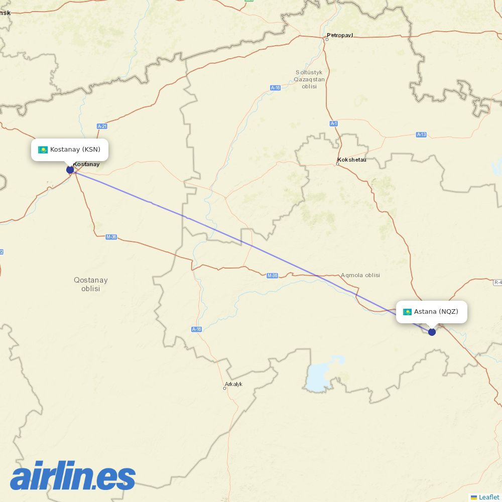 Air Astana from Kostanay Airport destination map